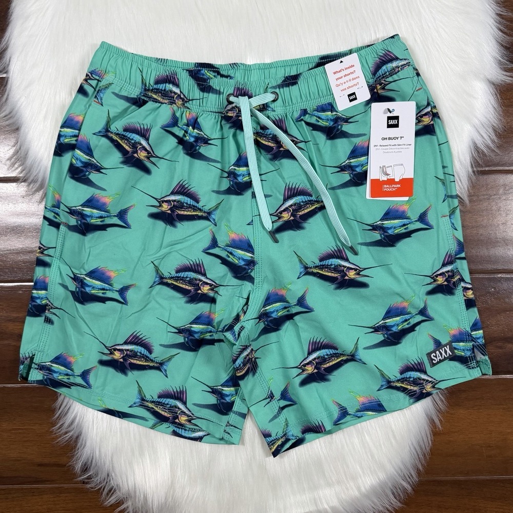 Saxx Men's Size Medium Fish Print Oh Buoy 2N1 Volley 7" Swim Trunk Shorts Lined